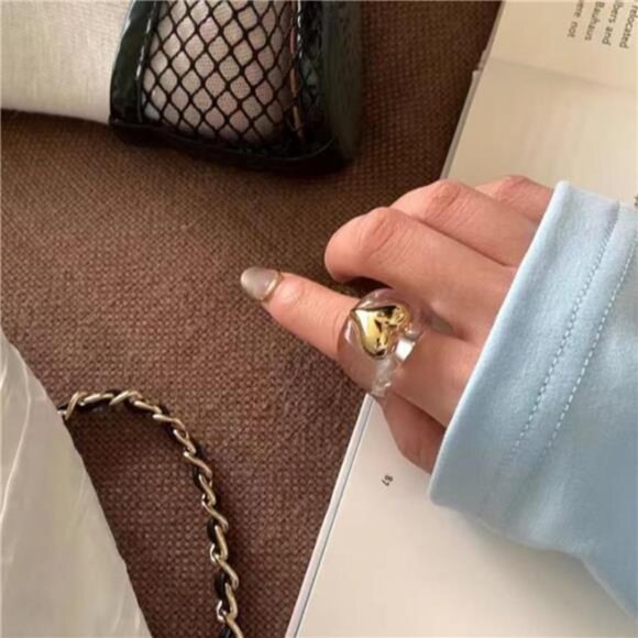 Gold Heart Statement Ring | Clear Cube Base Modern Fashion Jewelry - Picture 2 of 5